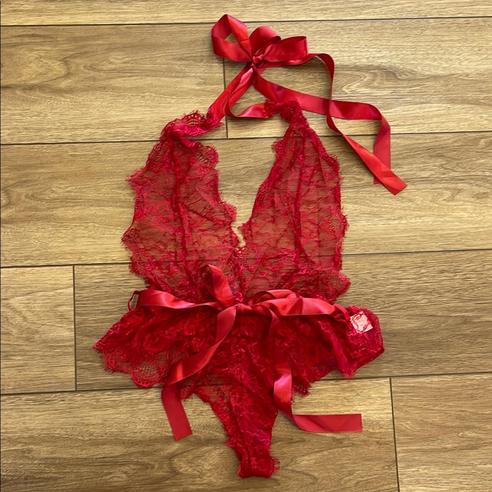 NWOT Red Lace Teddy with Plunging Neckline and High-Cut Legs